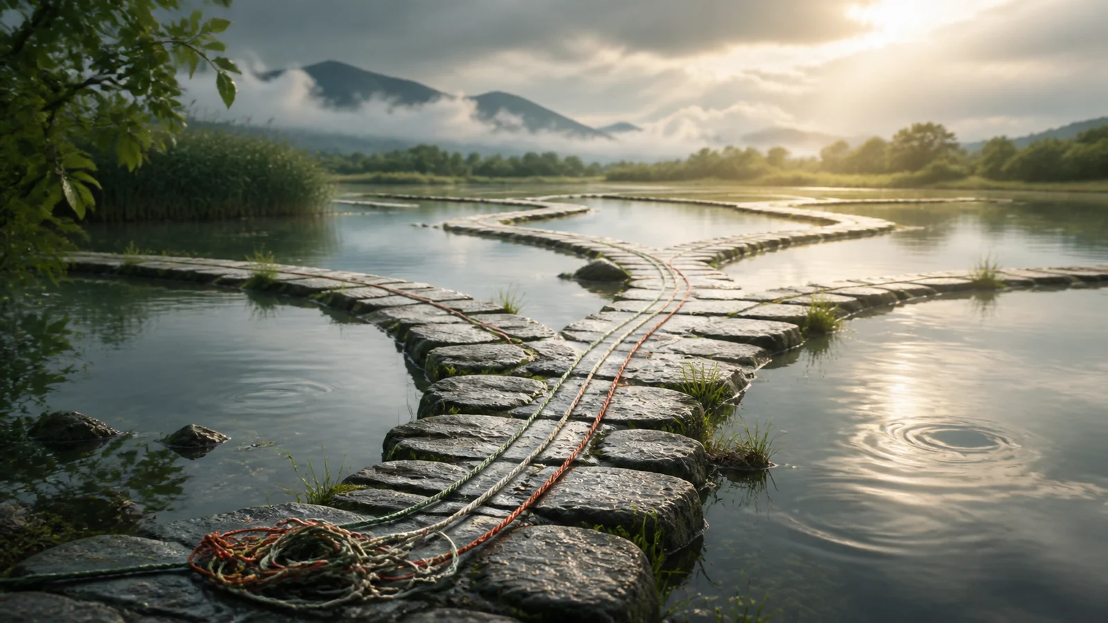 雨後宜蘭山景前的分岔石徑延伸過水面，糾結線繩逐漸理順，象徵在不同人生選擇中回到當下