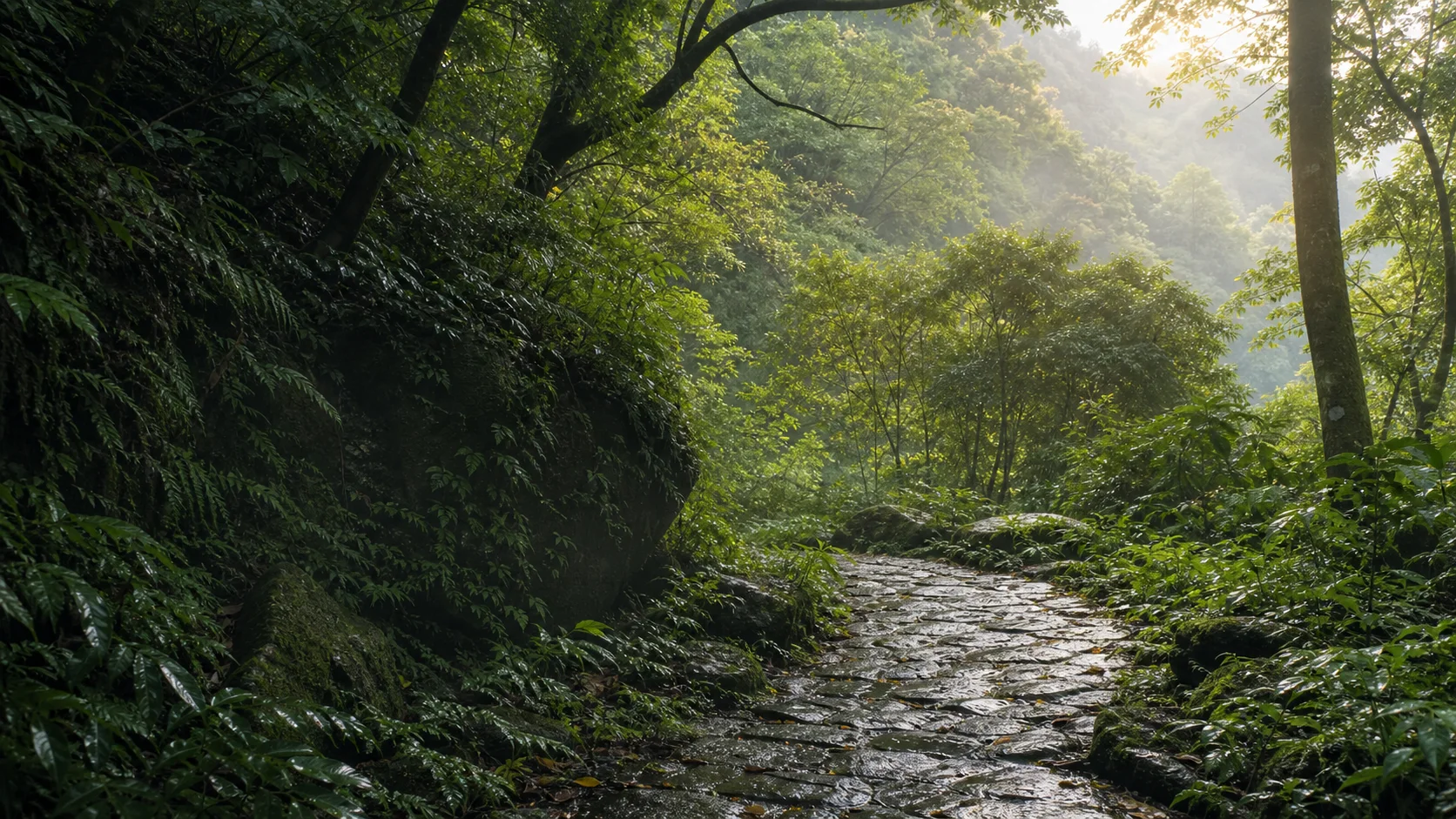 雨後台灣山林中的石徑與晨光